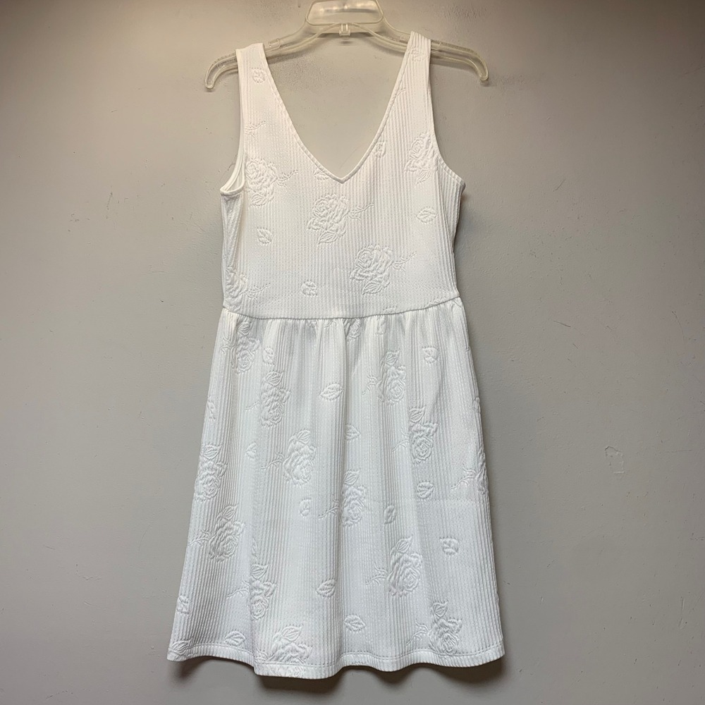 Everly Fit Flare Mini Dress Womens Medium White Floral Ribbed Jacquard Excellent